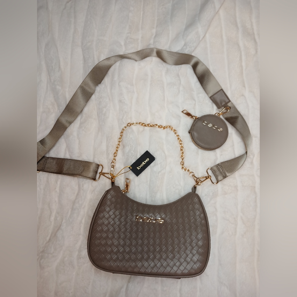 Bebe Taupe Woven Crossbody Bag with Coin Pouch NWT Fall